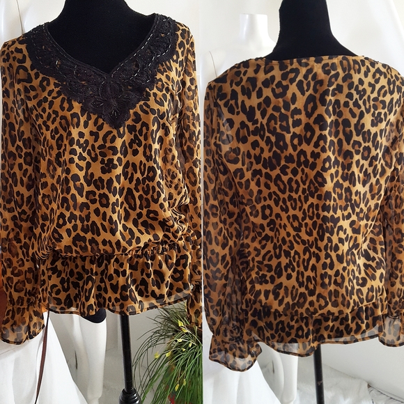 Jones🌾New York Leopard Print Sheer Top| Embellished Neckline - Picture 4 of 7